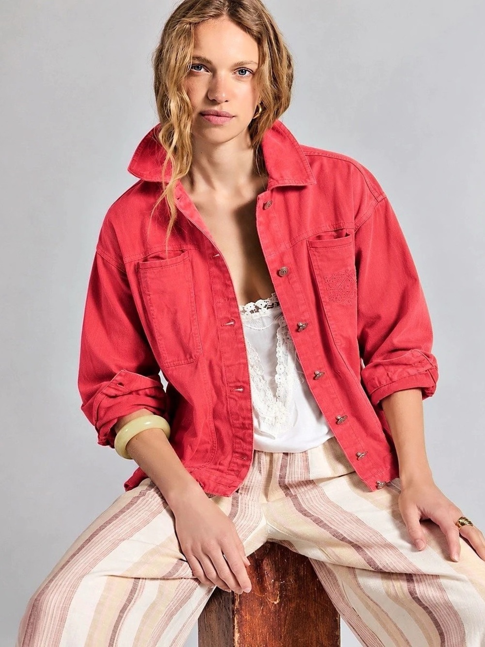 450. Simon Chang Denim Jacket Pink Size 10